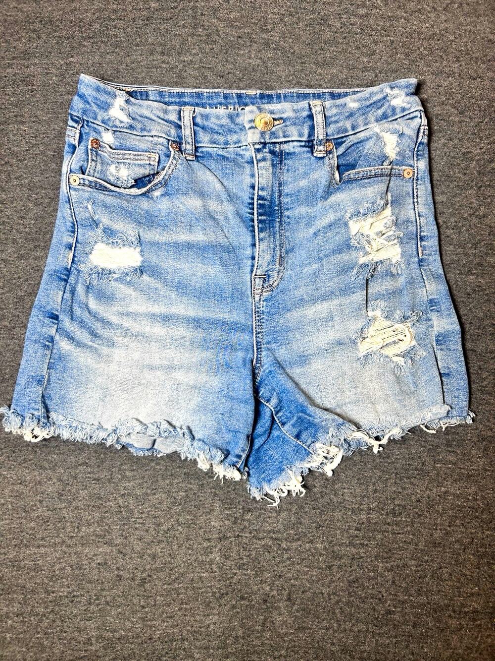 American Eagle Outfitters Curvy Hi-Rise Shortie Cut Off Denim Shorts Blue 8